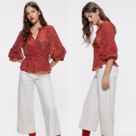 Zara Red Animal Print Sheer Flowy Ruffle Trim Wrap Blouse Top sz Small - Picture 2 of 8